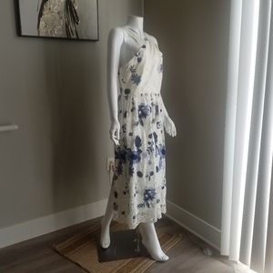 Tahari  Blue and white gathers laced dress